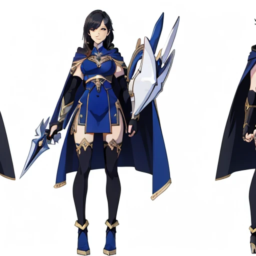 (((Best Quality))) , ((full body)), female, multiple views, (white background), holding weapon, cape, gauntlets, holding shield,