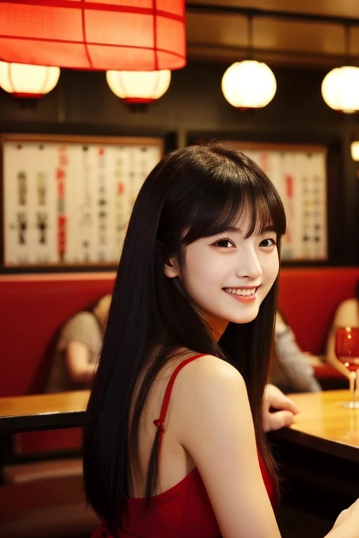A 20 year old cute Japanese woman. Medium long black hair. Wearing a red dress. Smiling and having a conversation in a restaurant.