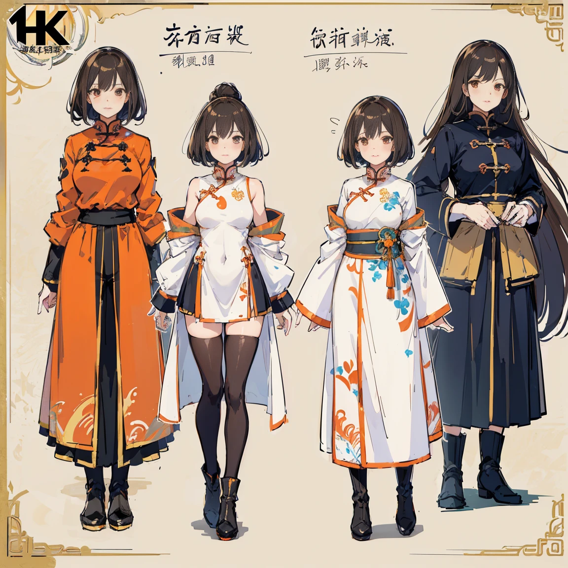 (Piece masuter,Best Quality,Ultra-detailed), (Character Sheet:1.2),full - body，1girl，long legs， Shirt，windproof boots，Orange，standing pose，HighestQuali,4k，Chinese girl design, Detailed Genshin graphics，anime character design，anime concept art，pretty anime character design，anime character reference sheet，[Character design]，4k，Detailed,brunette hair, super detaill, SolidBackground, higly detailed, 4k,Dagger Decoration,The same character, absurdress,traditional Chinese clothing,Full of Details, ((Character design sheet,same character,front,side,backboob)),illustartion, big weapon, Cyborg, baggy clothes