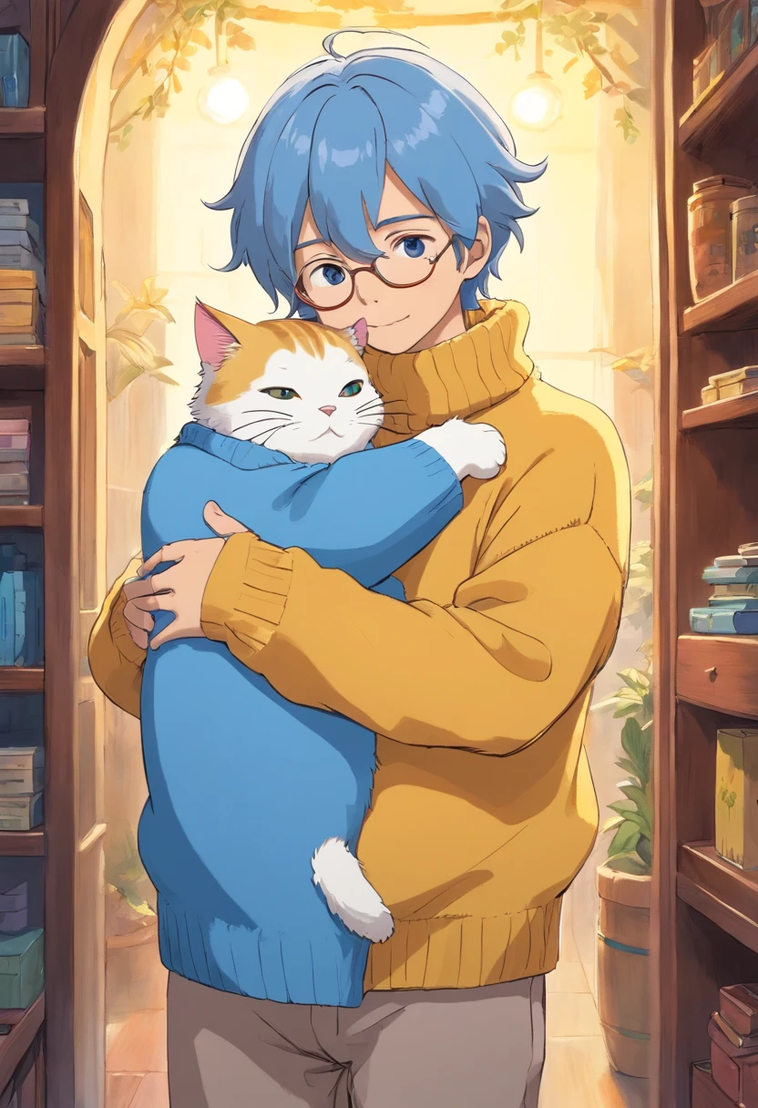 ,Wearing a loose fluffy blue sweater, Standing and hugging yellow cat