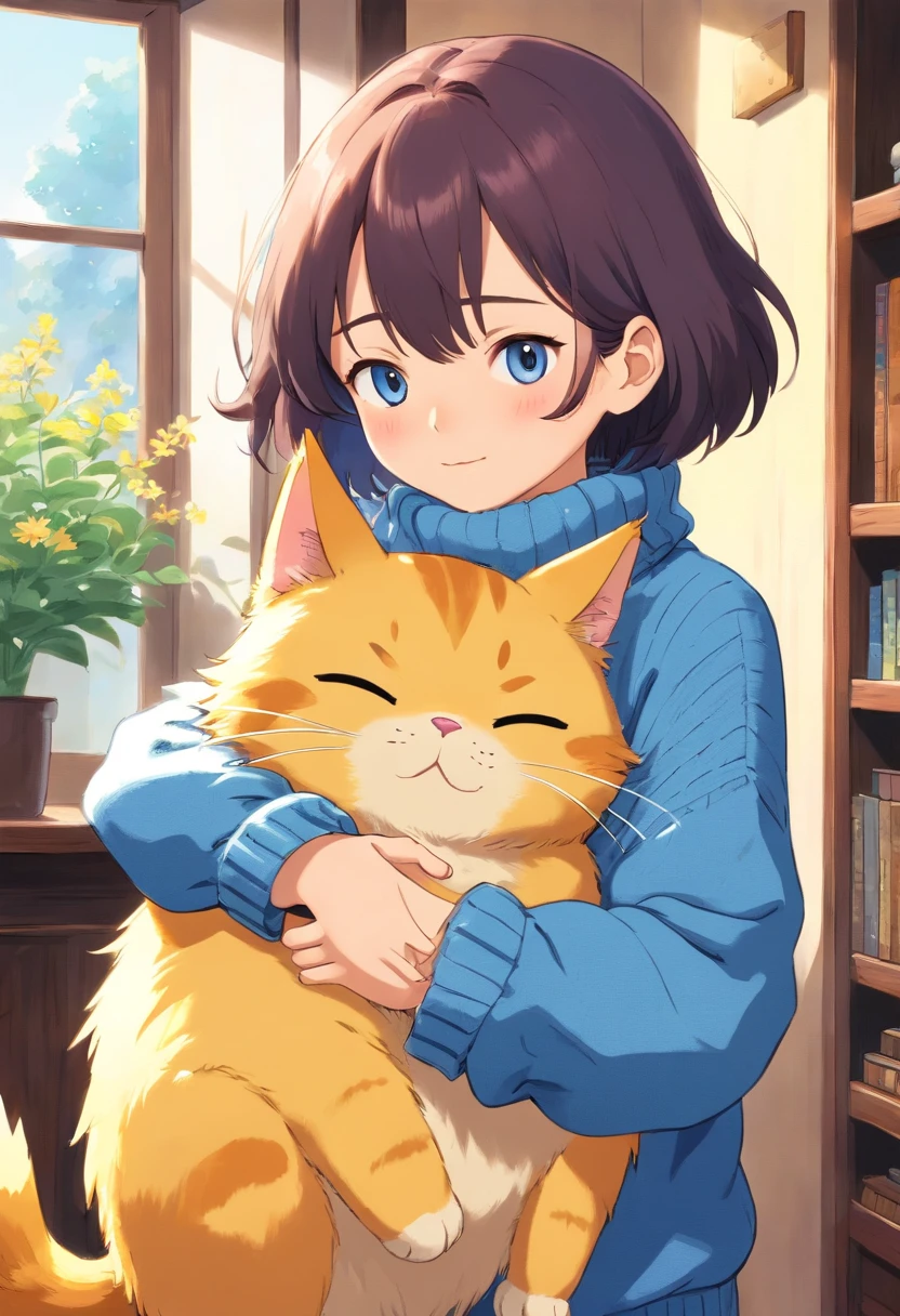 ,Wearing a loose fluffy blue sweater, Standing and hugging yellow cat