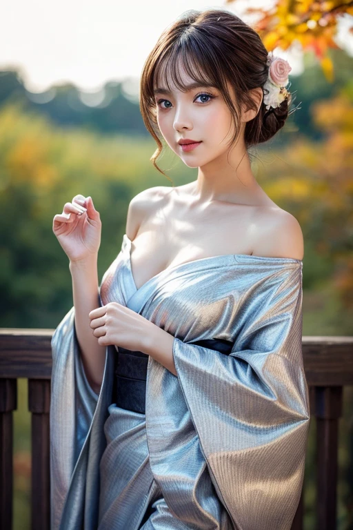 1 rapariga, Bare_tree, brown_Eyes, brown_Hair,long whitr hair, build, Manteau, Head flower, 耳Nipple Ring,kimono skirt, cparted lips,The is standing, Looking_at_peeping at the viewer, exteriors, snow landscape,hot onsen, 独奏, The tree, Winters, Detailed_Eyes,ssmile, Bring your arms together,show legs,Chest camera, The large, Ears come out, face in golden proportions, The body of the golden ratio, best qualtiy,hyper HD,By bangs