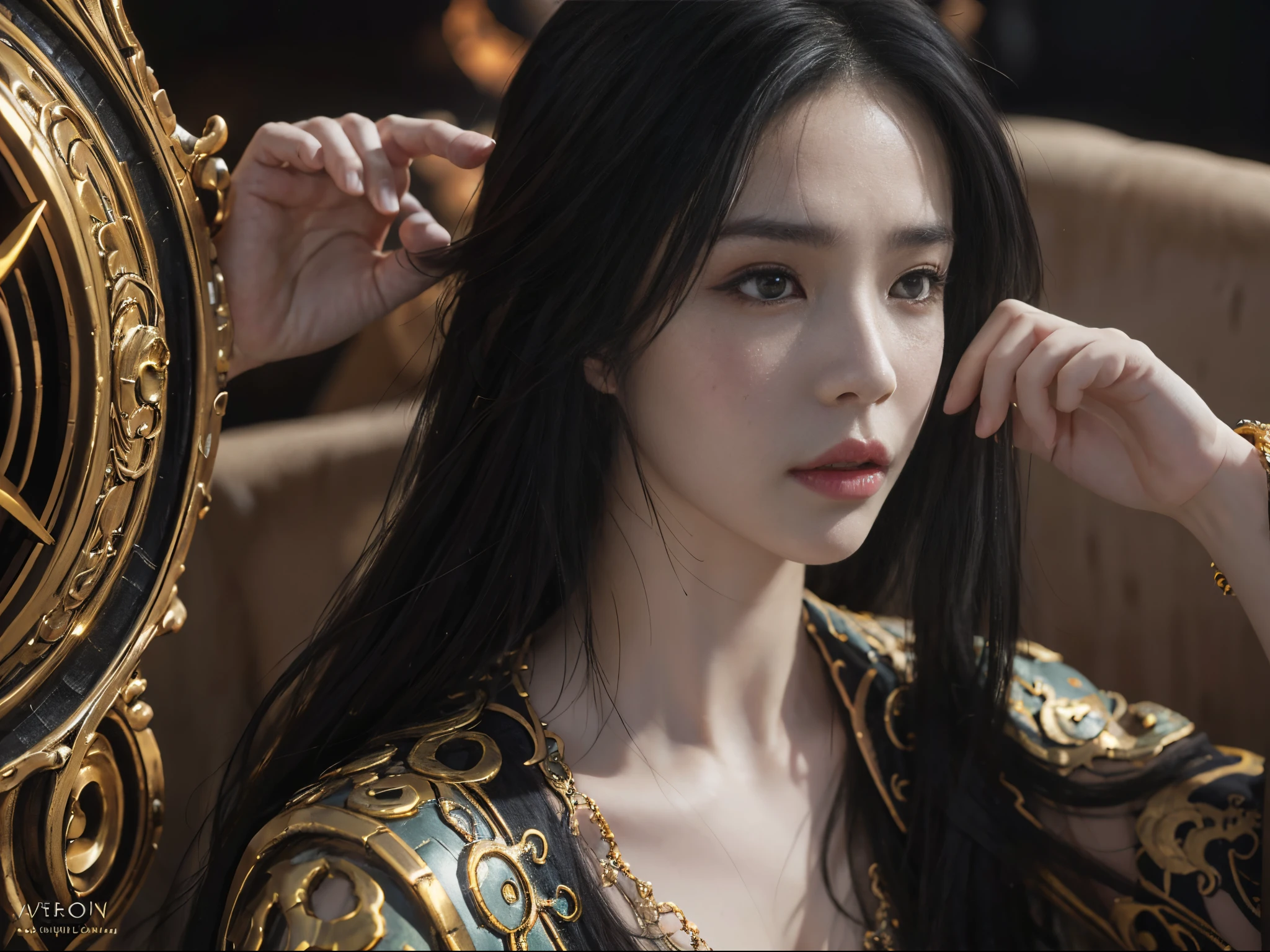 Close-up of a woman wearing yellow and black clothes,Delicate hair accessories,耳Nipple Ring,shadowbringers cinematic,4K detail fantasy,beautiful fantasy empress,GameCG,xianxia fantasy,xianxia hero,2。5D CGI anime fantasy artwork,Movie goddess close-up,Ruan Jia and Artgerm,World of Warcraft 4K detail fantasy,Super detailed fantasy characters