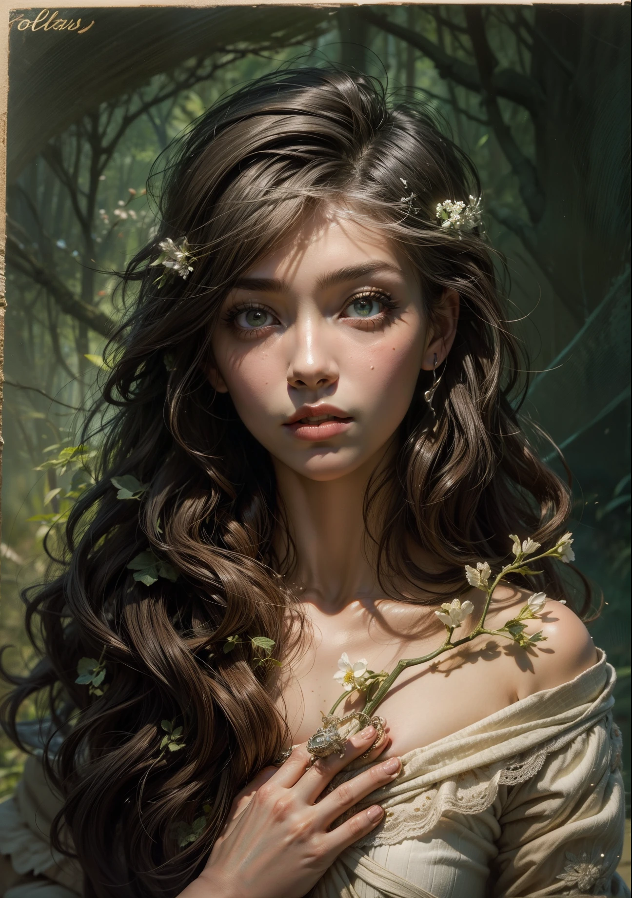 Garota virada de lado para o espectador, Girl turned sideways for you, floresta, folhas, garota em uma floresta Florida, flores, borboletas garota de longos cabelos escuros, boy with long dark hair turned sideways towards you, floresta, garotas de olhos claros, garota bonita, obra-prima, borboleta, olhos verdes, alta qualidade, Girl turned sideways for you, garota de longos cabelos escuros