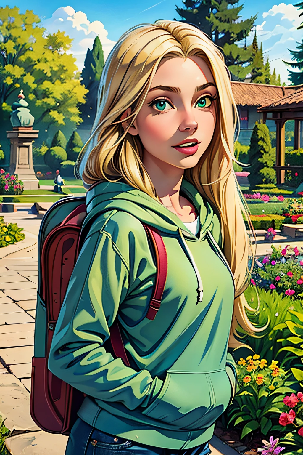 1 girl, , teenage, lononde hair, flowing blonde hair, green eyes, having fun, botanical garden, jeans, hoody and a backpack, masterpiece, high quality.