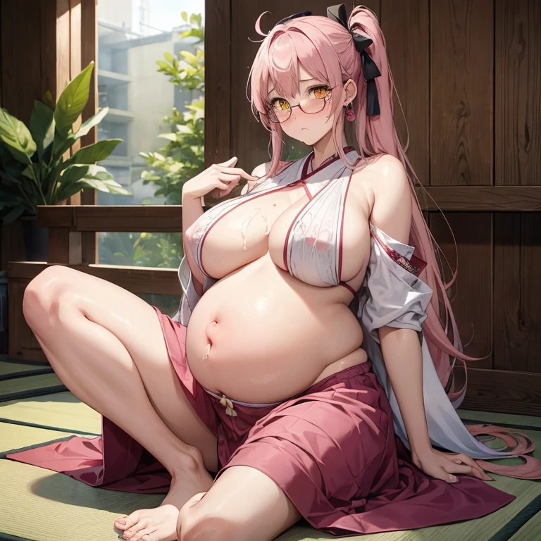 Full body girl, pregnant, cum on thighs, huge belly, cum on belly, huge breasts, cum on breasts, lactation, lactation through clothes, yellow eyes, glasses, shy, exhausted, earrings, hair ribbon, long hair, side ponytail, pink hair, tsundere, embarrassed, pout, visible belly, hands on belly, no bra, barefoot, traditional japanese clothes, best quality
