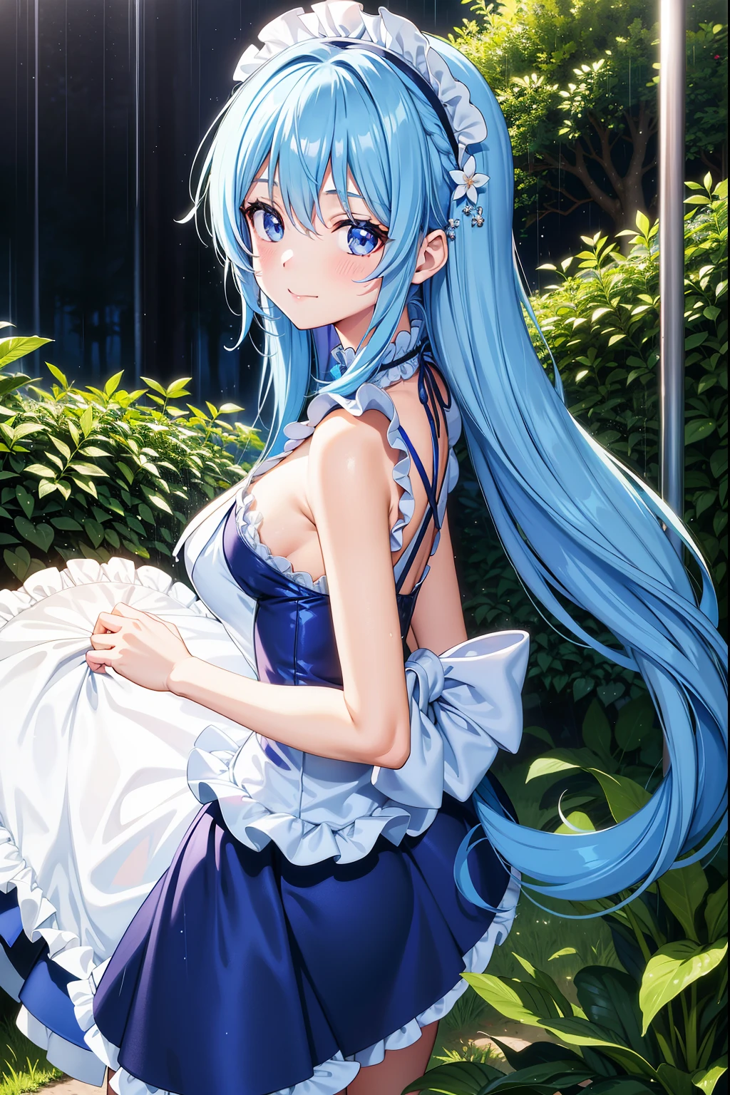 Super Idol A beautiful girl in a sparkling maid cafe A charming smile sky blue hair length hair Twin-tailed Cafe in a bright forest The rain is pouring down Sparkling colorful maid uniform-style leotard facing front