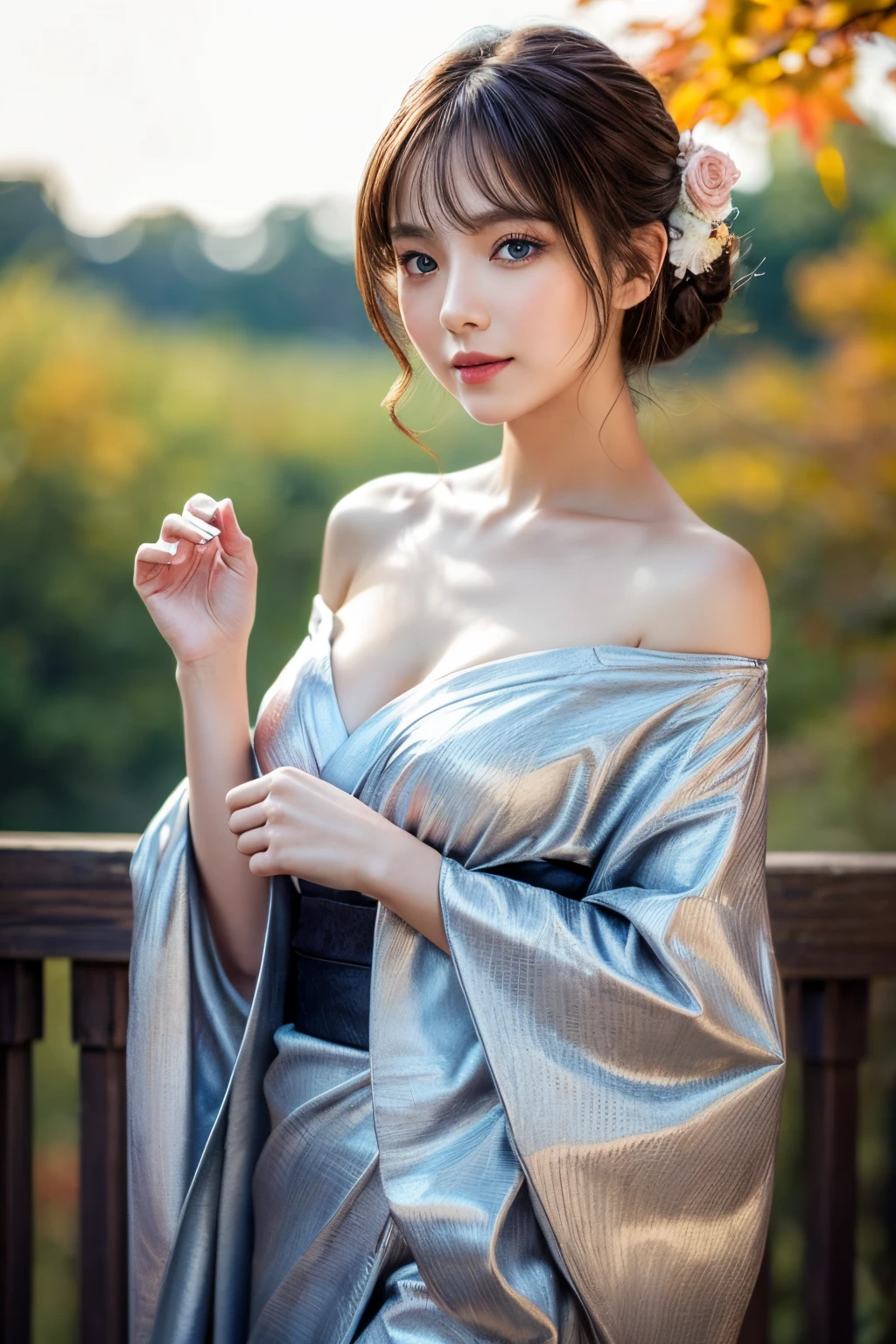 (masutepiece:1.3, Photorealsitic:1.4, 8K), top-quality, masterpiece, 超A high resolution, Professional camera work, Grow Light Effect, Realistic portrait, Cinematic Light, Highly detailed skin and facial texture:1.3, Perfect dynamic composition, The ultra-detailliert, A detailed eye, Detailed limbs, autumn night, Lit up, Autumn foliage scenery:1.2, 1girl in, Cute sexy 24 year old slim woman, Fair skin, Autumn leaves are dancing:1.2, (Enraptured look:0.9, Totally captivates you:1.0), (Silver kimono:1.35 off shoulder), (voluptuous breasts:0.9), (Backshots, Calm pose), (Beautiful blue eyes, Eyes that feel beautiful eros:0.85), Sexy face:0.4, (A mouthfeel that feels beautiful eros:0.85), ((Too cute beauty:0.9))