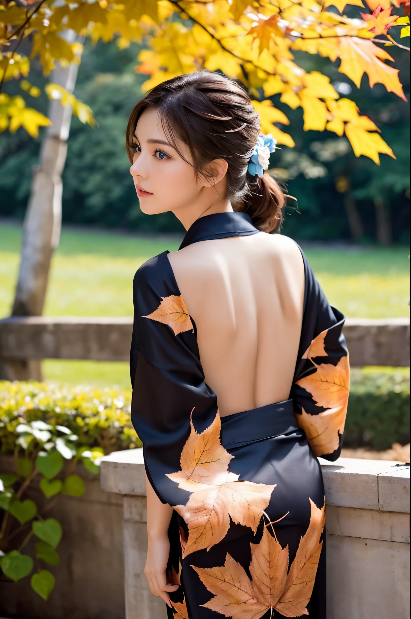 (masutepiece:1.3, Photorealsitic:1.4, 8K), top-quality, masterpiece, 超A high resolution, Professional camera work, Grow Light Effect, Realistic portrait, Cinematic Light, Highly detailed skin and facial texture:1.3, Perfect dynamic composition, The ultra-detailliert, A detailed eye, Detailed limbs, autumnal, Autumn leaves landscape in the evening:1.25, 1girl in, Cute sexy 23 year old slim woman, Fair skin, Autumn leaves are dancing:1.25, (Enraptured look:0.9, Totally captivates you:1.0), (Black kimono:1.35 Only shoulders and scapula exposed), (Backshots, Calm pose), (voluptuous breasts:0.9), (Beautiful blue eyes, Eyes that feel beautiful eros:0.85), Sexy face:0.4, (A mouthfeel that feels beautiful eros:0.85), ((Too cute beauty:0.9)), back sharp focus
