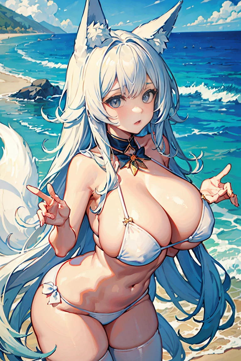 (tmasterpiece,best qualtiy)1girll,whaite hair,Fox ears,long whitr hair,huge tit,(Bigboobs),a white bikini,There are starfish on the chest,Foxtail,A look of bewilderment,adorable expression,(beachside)