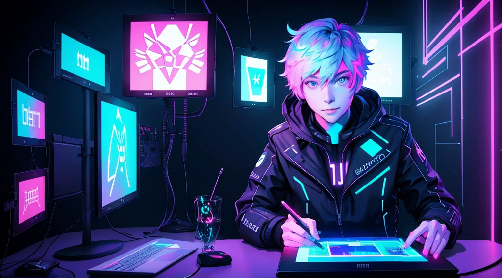 An einem Tisch sitzt ein Mann mit einem Tablet-Computer, Leuchtende Lichter! Digitale Malerei, Twitch-Streamer / gamer ludwig, Digital Artist, Zeichnen Sie mit einem Wacom-Tablet, Neonlichter im Hintergrund, Digitale 2D-Zeichnung, Digitale Kunst!!, RossDraws Globale Beleuchtung, Digitale Kunst, Anton Fadeev 8 K, Digitales Malen, Digitale Zeichnung, Neon-Leuchten-Konzeptzeichnung