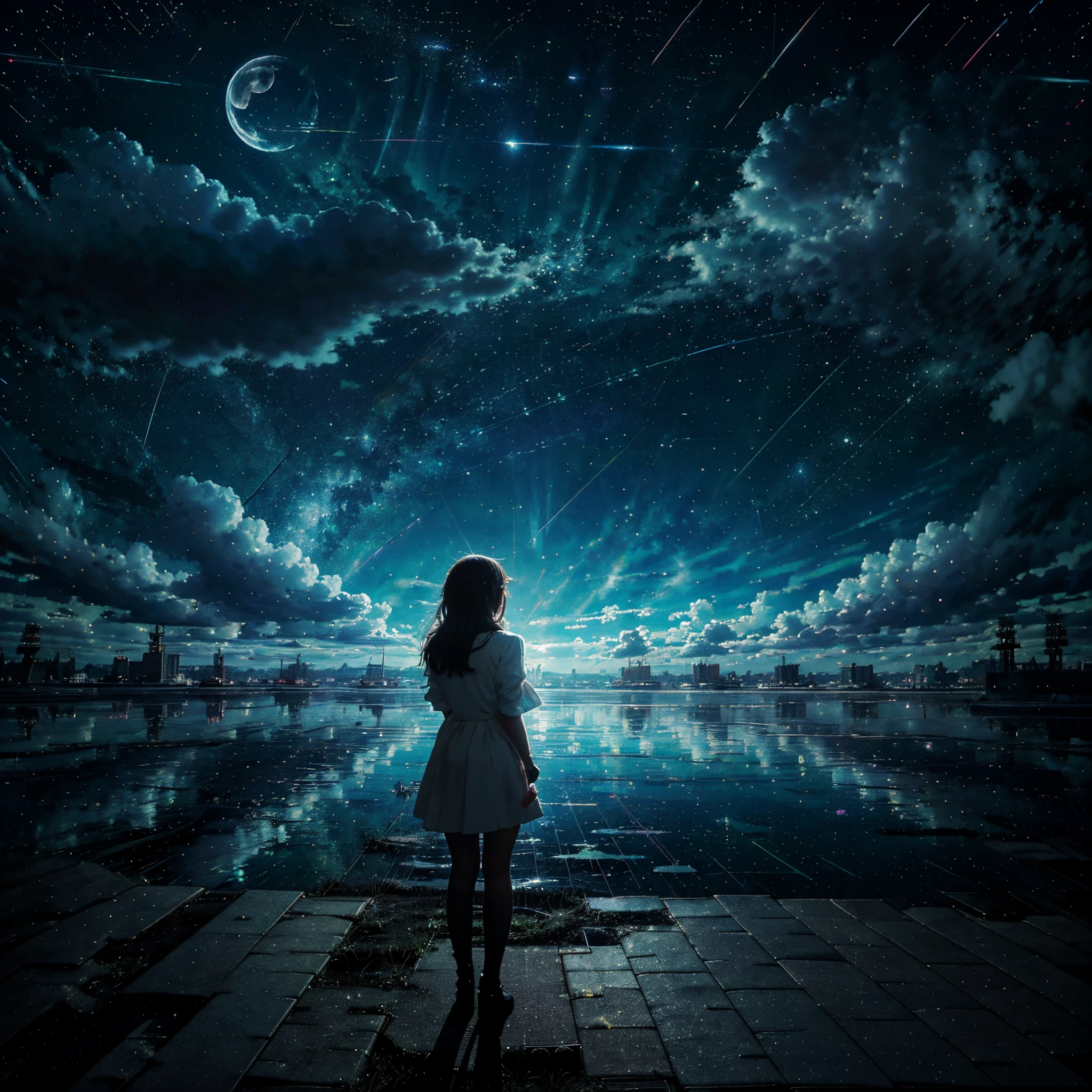 Anime girl standing on the roof looking at the night sky with stars and rainbow, Rainbow Starry Night, 4k anime wallpapers, Anime Wallpaper 4k, Papel de parede anime 4k, Anime Art Wallpaper 8K, Anime Art Wallpaper 4K, Anime Art Wallpaper 4K, estilo anime 4K, Makoto Shinkai Cirilo Rolando, 4 k manga wallpaper, anime wallpaper, paper awesome wallpaper, estrelas cadentes