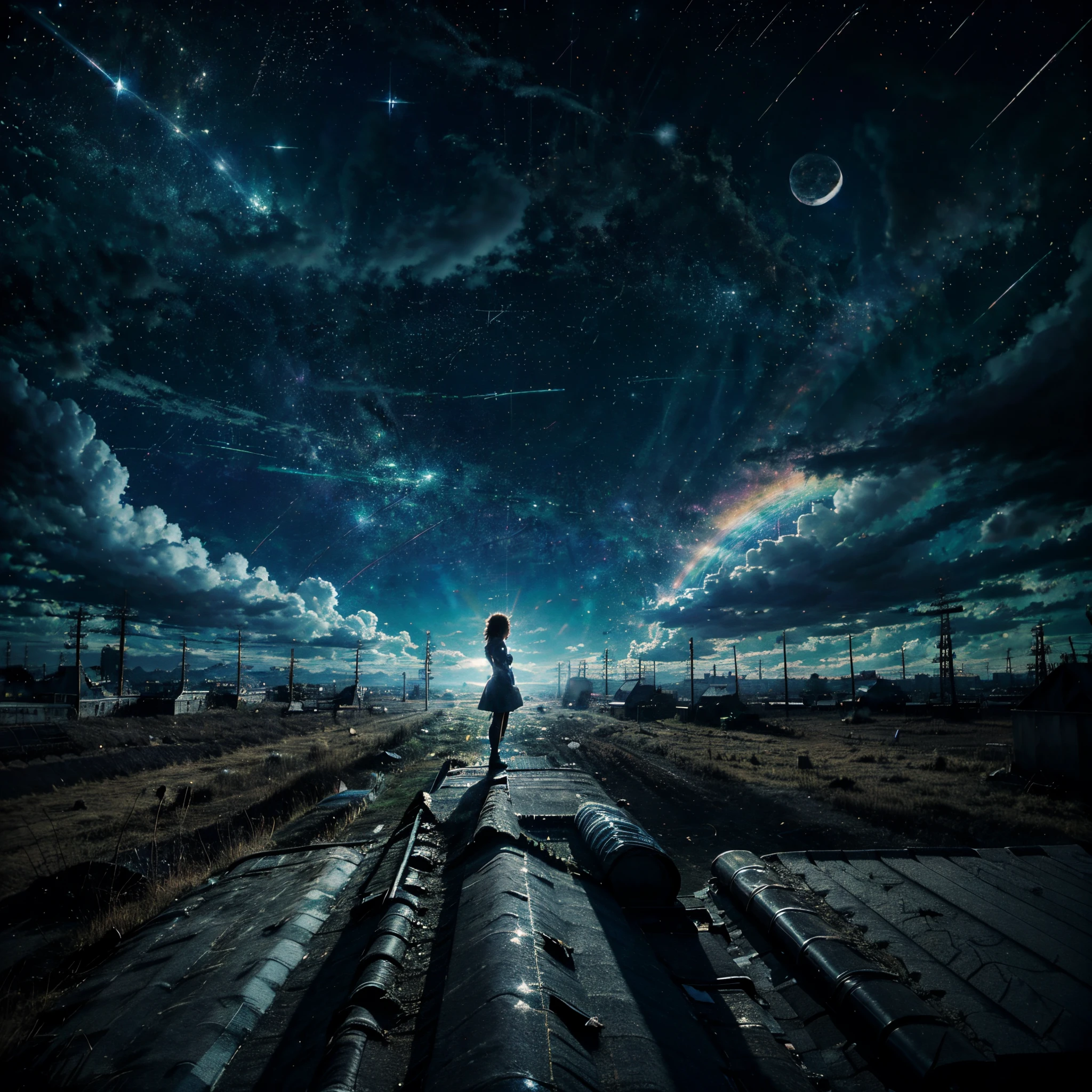 Anime girl standing on the roof looking at the night sky with stars and rainbow, Rainbow Starry Night, 4k anime wallpapers, Anime Wallpaper 4k, Papel de parede anime 4k, Anime Art Wallpaper 8K, Anime Art Wallpaper 4K, Anime Art Wallpaper 4K, estilo anime 4K, Makoto Shinkai Cirilo Rolando, 4 k manga wallpaper, anime wallpaper, paper awesome wallpaper, estrelas cadentes