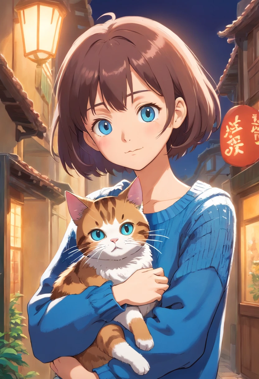 Girl in blue sweater holding cat girl with short hair