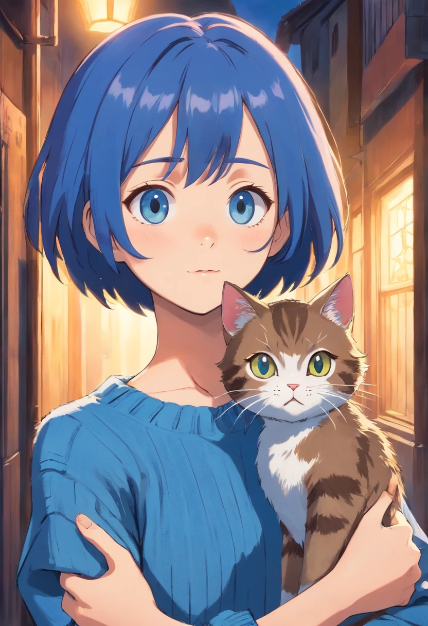 Girl in blue sweater holding cat girl with short hair