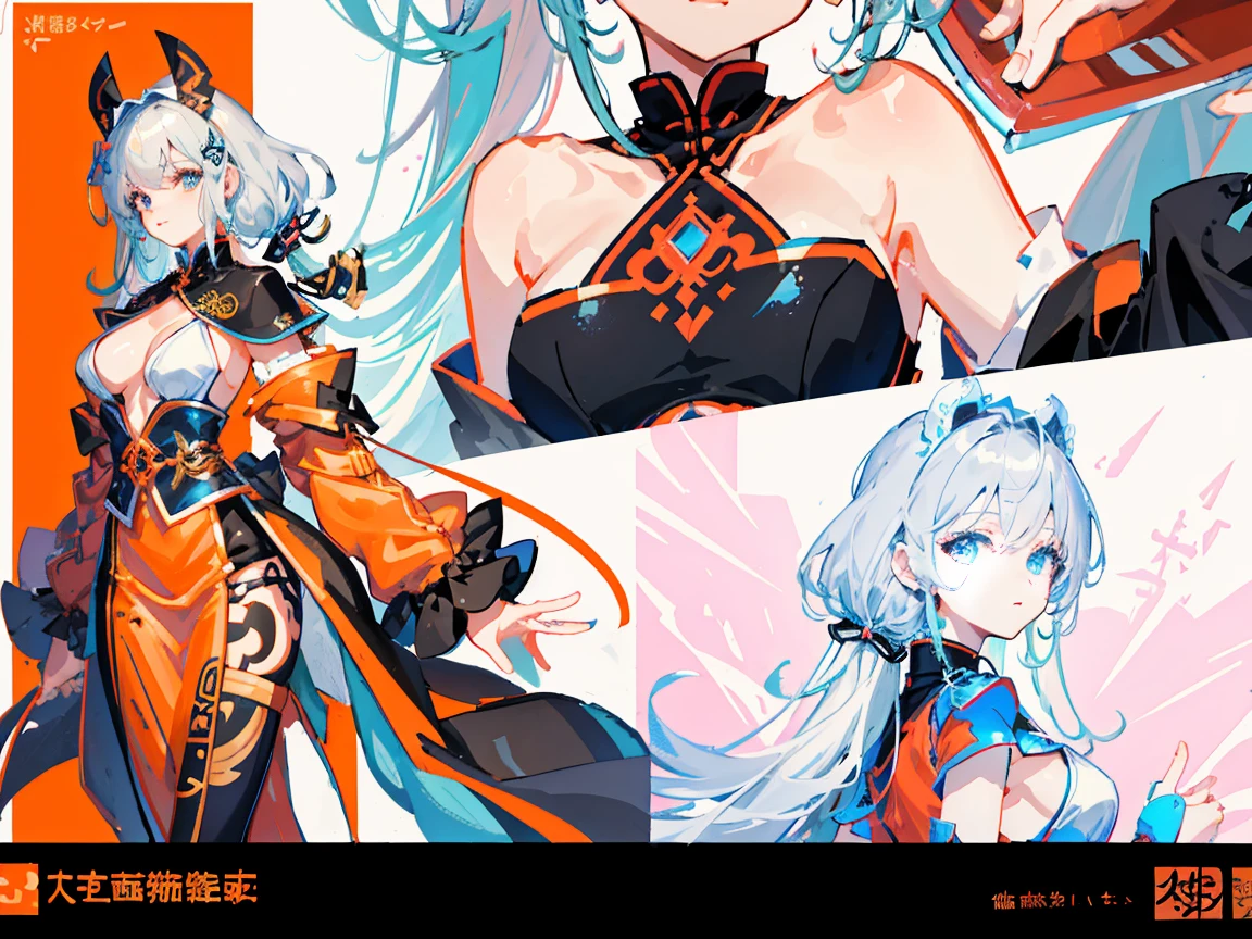 (Piece masuter,Best Quality,Ultra-detailed), (Character Sheet:1.2),full - body，1girl，long legs， Shirt，windproof boots，Orange，standing pose，HighestQuali,4k，Chinese girl design, Detailed Genshin graphics，anime character design，anime concept art，pretty anime character design，anime character reference sheet，[Character design]，4k，Detailed, super detaill, SolidBackground, higly detailed, 4k,Dagger Decoration,The same character, absurdress,traditional Chinese clothing,Full of Details, ((Character design sheet,same character,front,side,backboob)),illustartion, big weapon, Cyborg, baggy clothes