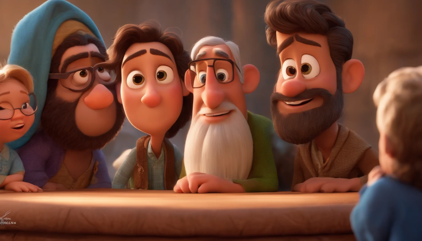 Pixar, talking with 12 apostle of Jesus Christ bible times, fundo branco, barnet, Tom, Estilo Pixar, ..3d, desenhos animados, rosto detalhado, asymmetrical 16k