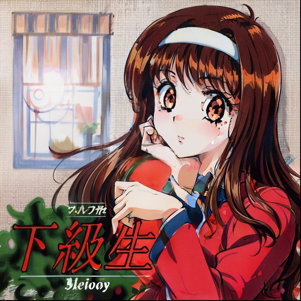 Anime poster of a girl with long brown hair and a red jacket, classic shoujo, japanese 1 9 8 0's album cover, rumiko, 1 9 9 0's anime, akiko takase, 1990s anime, 1 9 9 0 s anime, anime cover, vintage shoujo, teens girl