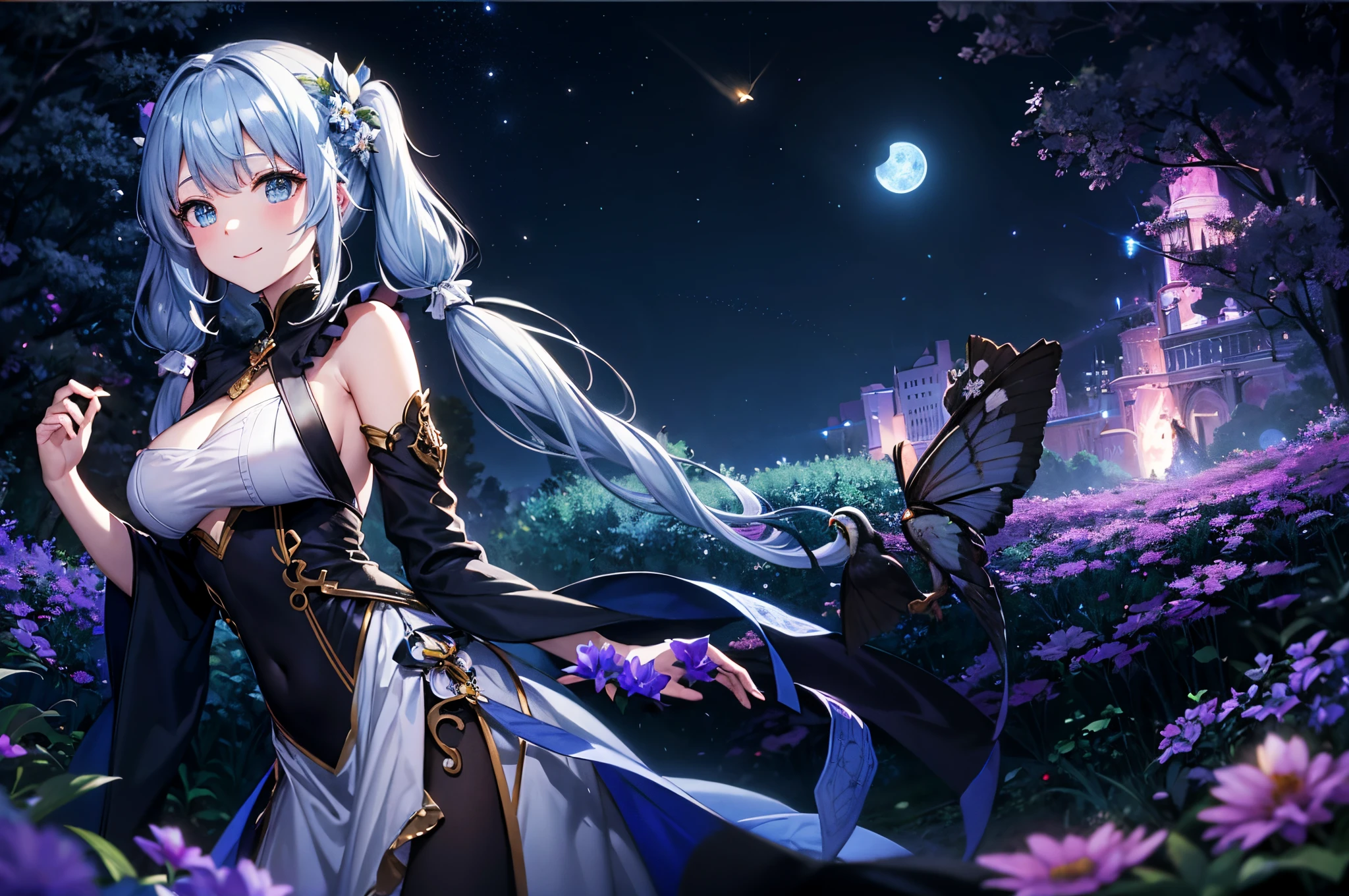 Dynamic Angle、 within a magical forest, a mystical fairy girl emerges, Light blue long hair、Hairstyle is Twintails、adorable smiling、Moonlight twinkle,  flower bloom、A big pure white owl is watching over you、Sparkling fireflies dancing, Many beautiful flowers are blooming、fantastic landscape、A sky full of stars twinkles、 Creating a field where dreams and reality intersect，