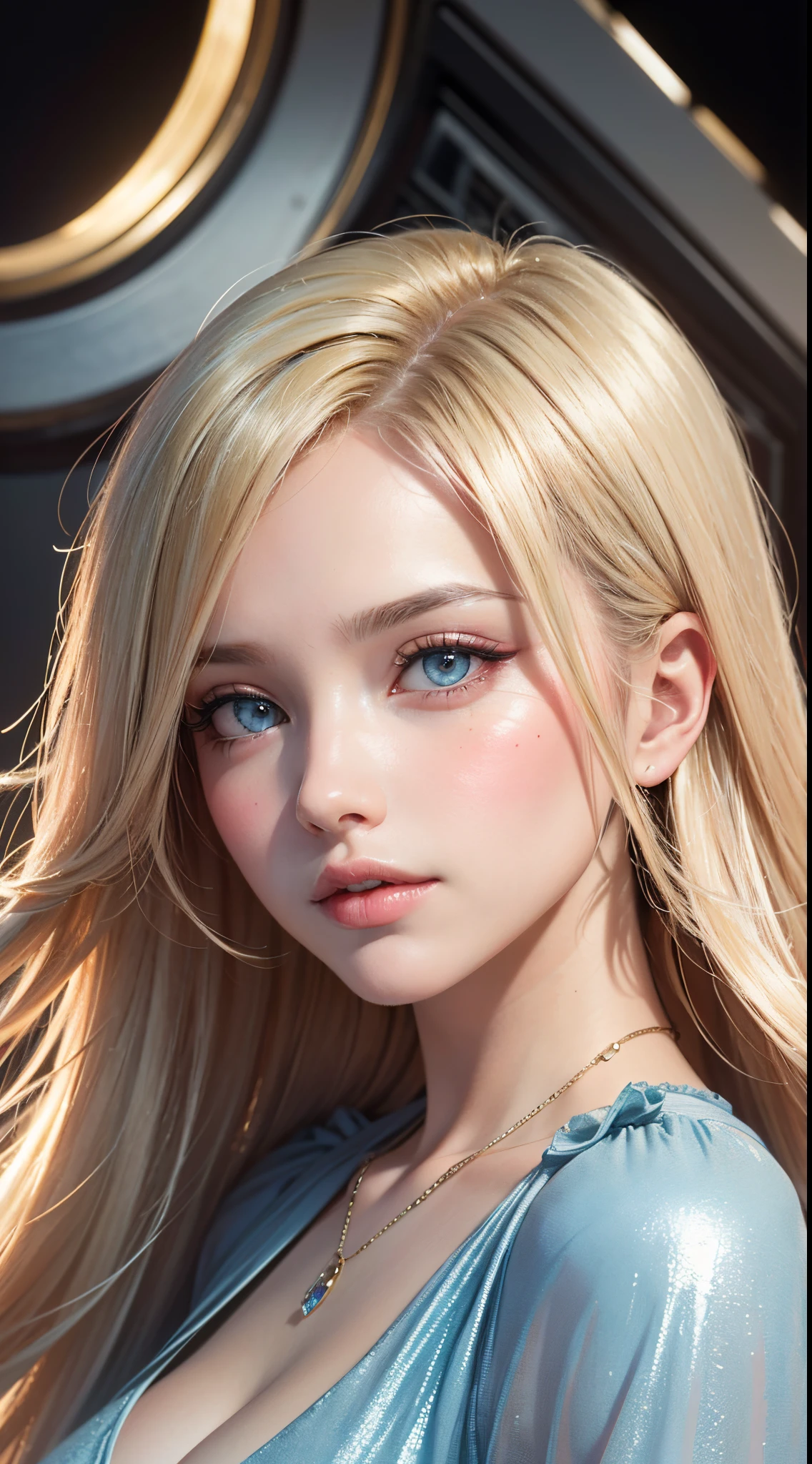 (UHD, retina, masterpiece, ccurate, anatomically correct, textured skin, super detail, high details, high quality, best quality, highres, 1080P, HD, 4K, 8k, 16k), (beautiful detailed eyes, beautiful detailed lips, extremely detailed eyes and face), studio lighting, physically-based rendering, vivid colors, (big tits, super big tits, super extra big tits, glamorous body), (light blue gothic dress), (portrait, blonde hair, shiny hair, shiny skin), (bokeh), (tilt your head to the side:1.5), eye reflection, (blush:1.5),