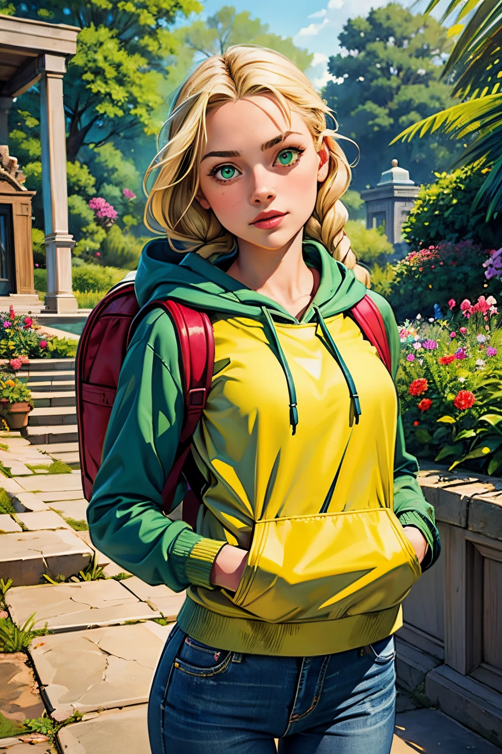 1 girl, , teenage, lononde braided hair, green eyes, having fun, botanical garden, jeans, hoody and a backpack, masterpiece, high quality.