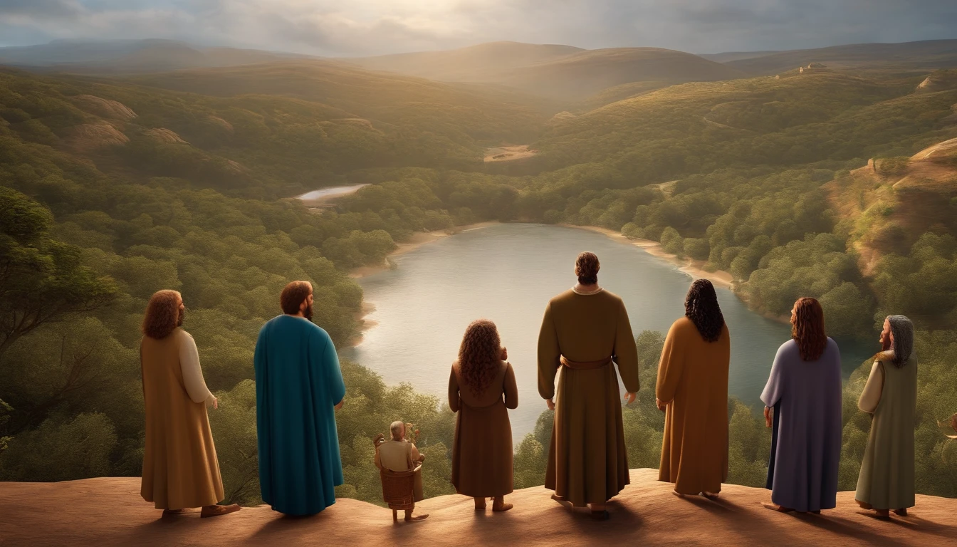 Pixar, talking with 12 apostle of Jesus Christ bible times, all dress up like bible times, fundo branco, barnet, Tom, Estilo Pixar, ..3d, desenhos animados, rosto detalhado, asymmetrical 16k
