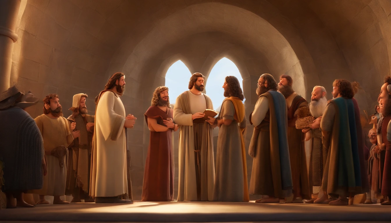 Pixar, talking with 12 apostle of Jesus Christ bible times, all dress up like bible times, fundo branco, barnet, Tom, Estilo Pixar, ..3d, desenhos animados, rosto detalhado, asymmetrical 16k