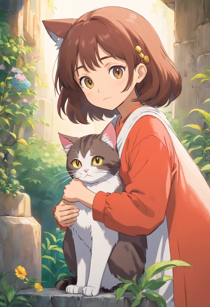 Girl looking at cat in arms