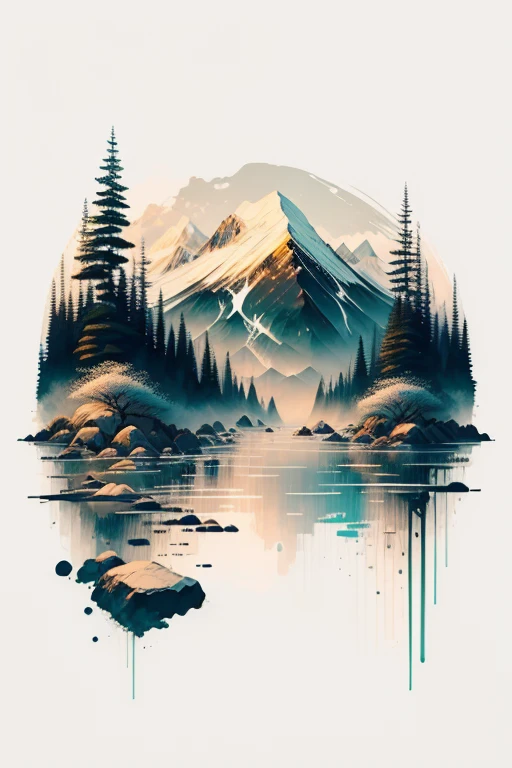 (white background: 1.3), landscape, mountain, water, trees, paint