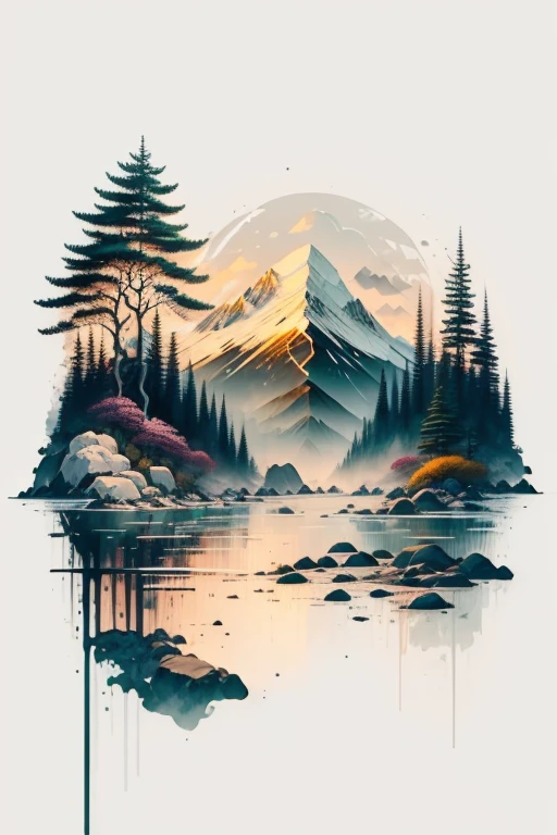 (white background: 1.3), landscape, mountain, water, trees, paint