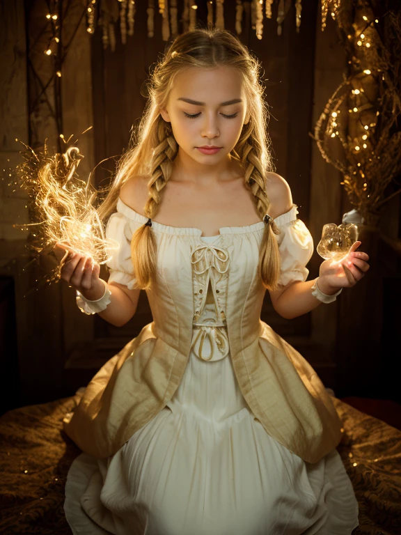 1girl, solo, full body, (masterpiece:1.21), (best quality:1.2), colorful, (illustration:1.2), (cinematic lighting:1.1), peasant medieval dress, floating dress, magic lights, levitating, genitalia visible, blonde hair with braids, magical lights in her hands, closed eyes, focus expression