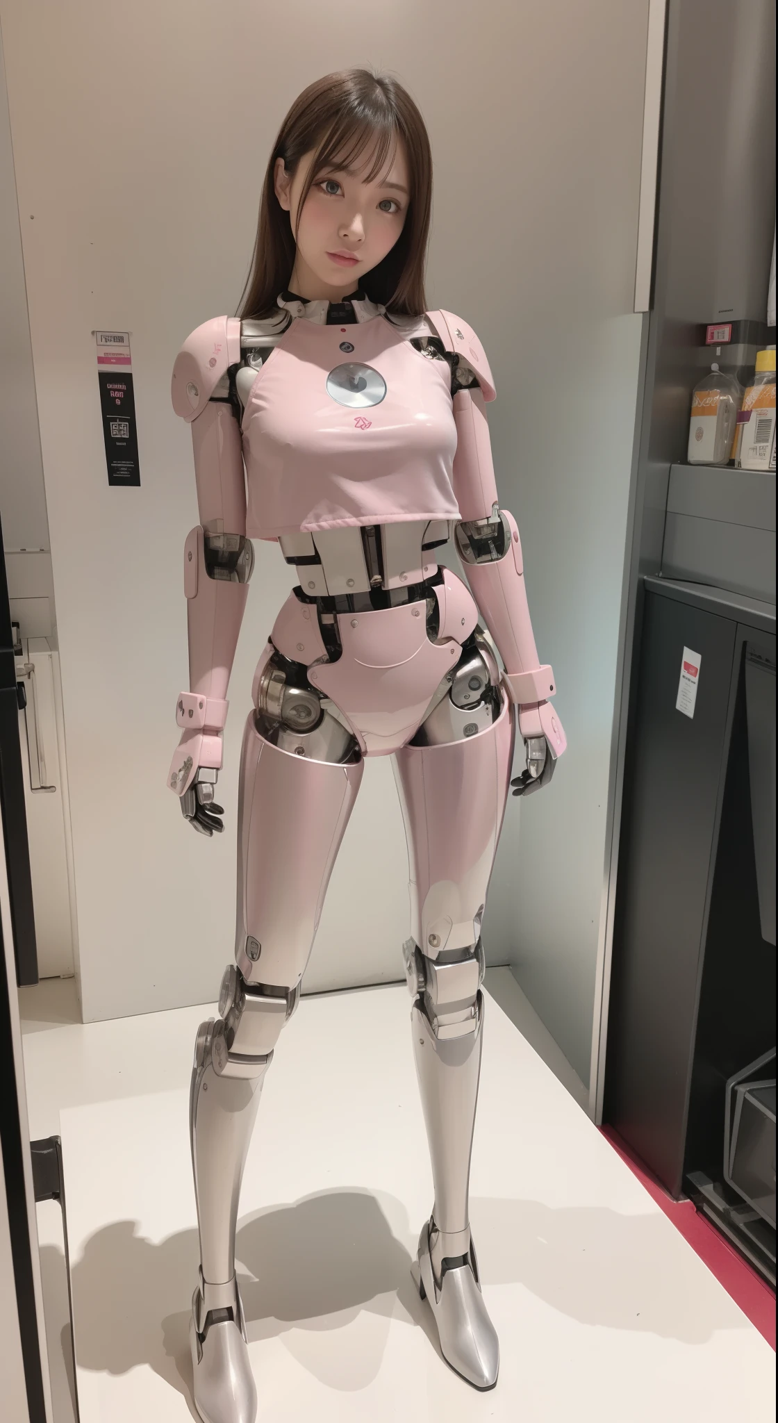 Robot Girl, pink there, Silver, Metallic body, Robot Parts, Metal Parts, of the highest quality, Slender body, Internal Mechanical Exposure, Idol, front facing, Well-proportioned body, sale, Exhibited, Event Hall, Moe Pose, Standing with legs open, Model body type, sad, Embarrassing,(Perfect Robot Girl),(Perfect machine body)