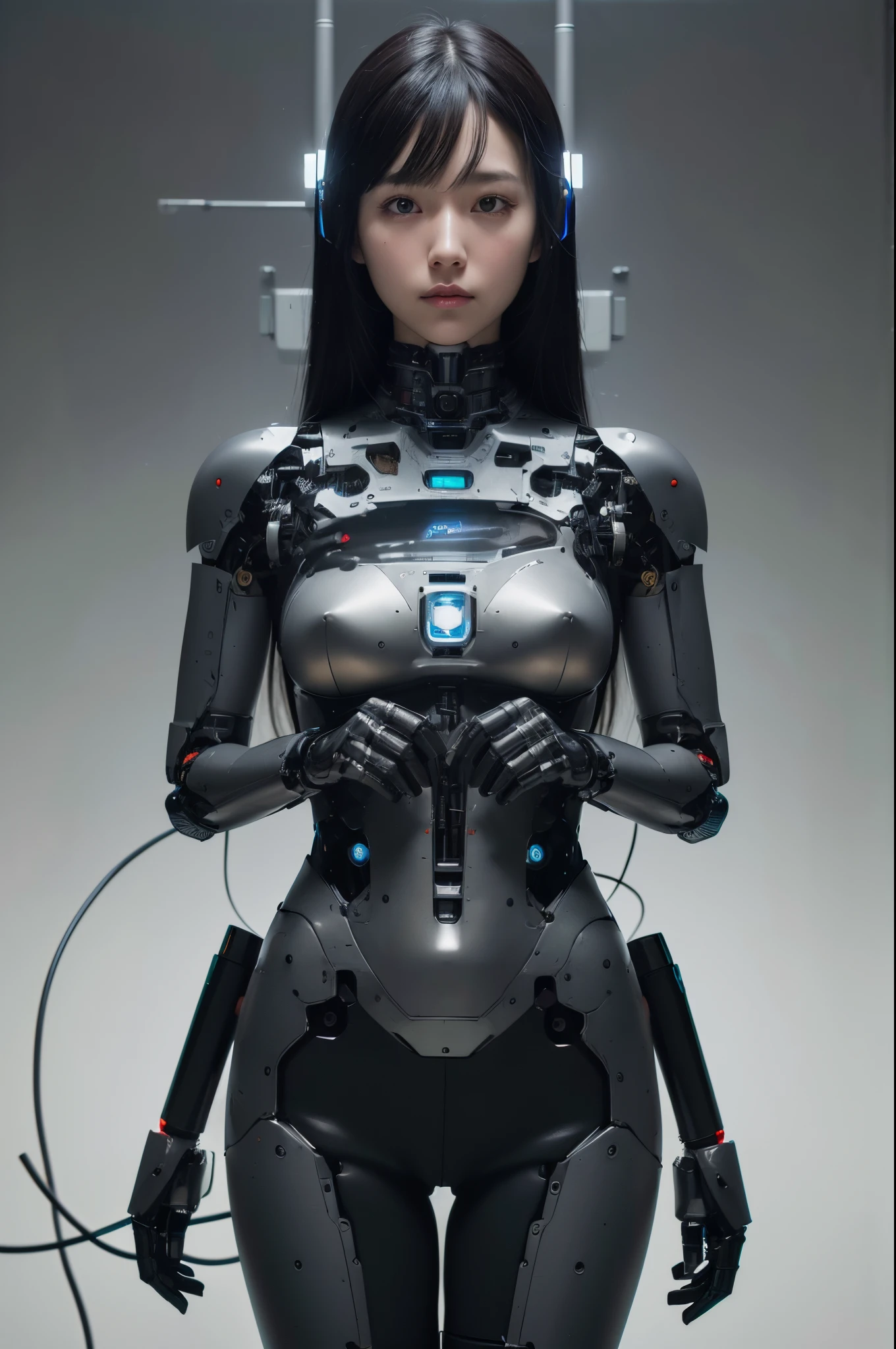 masterpiece, best quality, extremely detailed, (photorealistic:1.4), (RAW photo) (RAW photo) (8K, 4K, Best Quality, hight resolution, 超A high resolution:1.1), (masutepiece, Realistic, Photorealsitic:1.1), 1girl in, Japaese Cyborg girl,Plump , control panels,android,Droid,Mechanical Hand, Robot arms and legs, Black Robot Parts,Black hair,Mechanical body,Blunt bangs,White robotics parts,perfect robot girl,long tube,thick cable connected her neck,ceramic body ,mechanical body, head antenna,short lod antenna on the head,mechanical ear cover, mechanical costume,android,robot,humanoid,cyborg,japanese android woman ,black leggings,mechanical chest,full eyes,future laboratory,connecting a cable between the legs,
