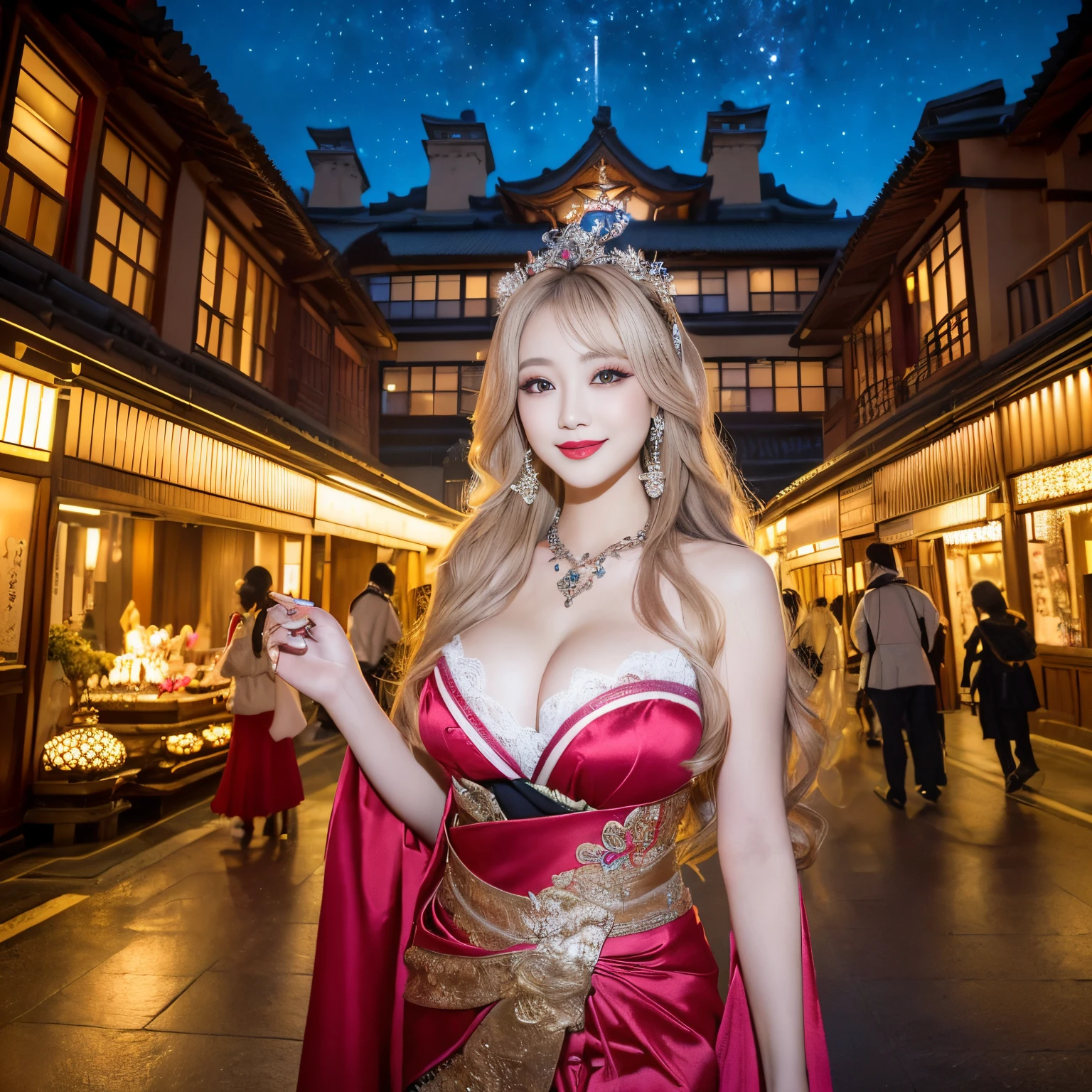((top-quality、masutepiece、8K、Top image quality、Highly complex and detailed depictions))、(Photo of the upper body of a Japanese prostitute:1.3)、Luxurious guruhouse at night、The most luxurious Japanese courtesan costume、((The most gorgeous Japanese prostitute's huge costume、the most vivid and luxurious costumes、big long costume、The most luxurious and huge garrison、An unimaginably luxurious garrison、A very luxurious and huge garrison、Huge courthouse at midnight、Very complex decoration、very clear huge garrison))、(View me、Bewitching smile、Perfect makeup、long eyelashes、lipsticks、Pink eyeshadows、perfect anatomia、A slight smil)、(A clear background of a huge garrison:1.3)