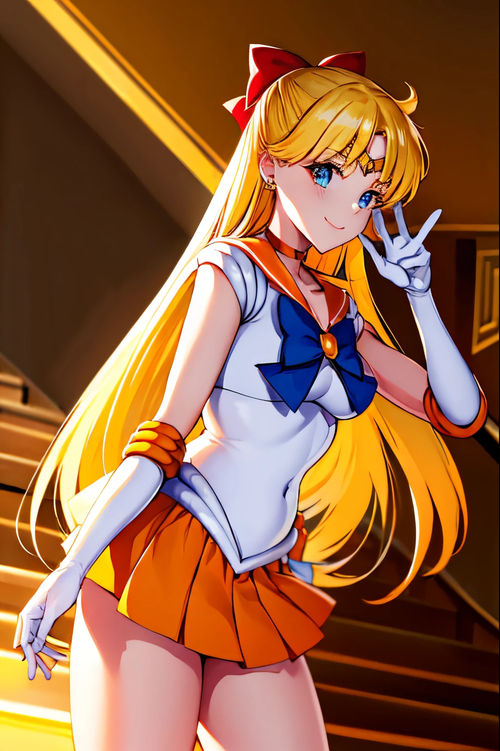 masutepiece, Best Quality, High resolution, venus1, 1 girl, Solo, Warrior Sailor Suit, sailorvenus, aino minako, Blonde hair, magical  girl, Blue eyes, Orange Ultra Mini Skirt, Elbow length gloves, tiarra, Pleated skirt , Hair Bow, Orange Sailor Necklace, Ultra mini skirt, Choker, Red bow, orangechoker, White Gloves, Very long hair, Jewelry, earrings, Climb the stairs, close-up, Smile, Cowboy Shot, Sailor Senshi Uniform, Sailor collar, Pleated skirt, elbow groves, In the back pose, Show me the loot, Backwards, Big loot has no strings, Full body, Rabbit,  Close-up loot, Climb the stairs backwards, Slim Girl, Skinny Girl , big booty.