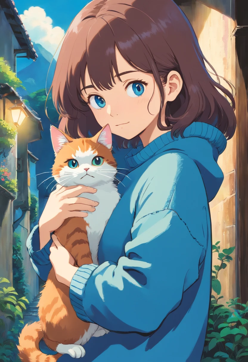 Girl in blue sweater holding cat sideways
