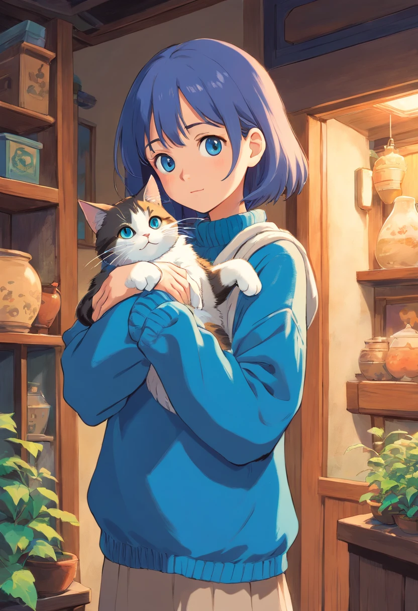 Girl in blue sweater holding cat sideways