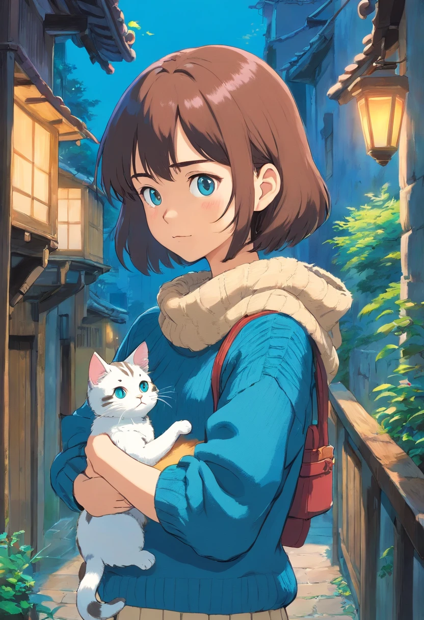 Girl in blue sweater holding cat sideways