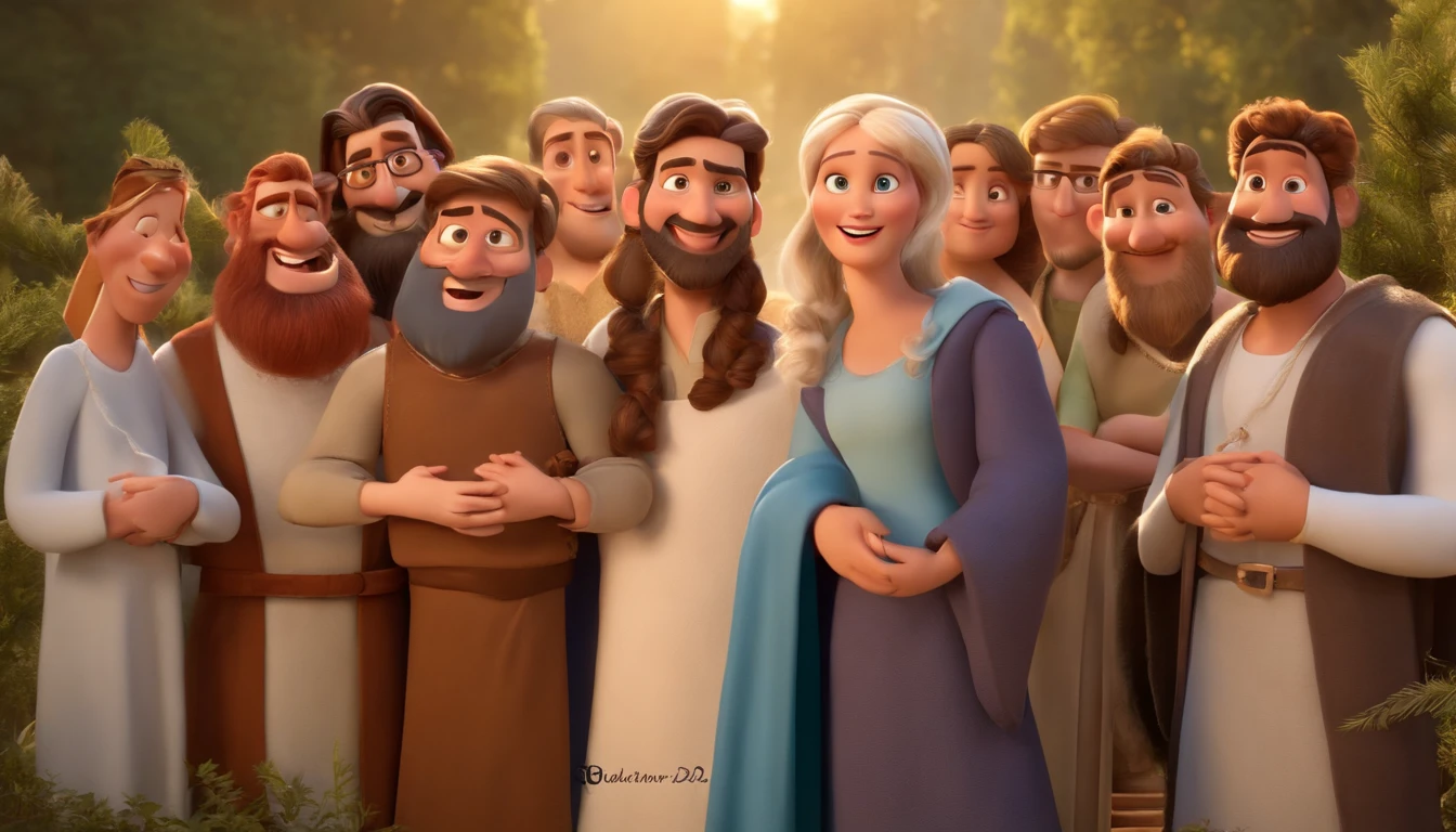 Pixar, talking with 12 apostle of Jesus Christ bible times, all dress up like bible times, fundo branco, barnet, Tom, Estilo Pixar, ..3d, desenhos animados, rosto detalhado, asymmetrical 16k, high quaity, clean, smooth face.