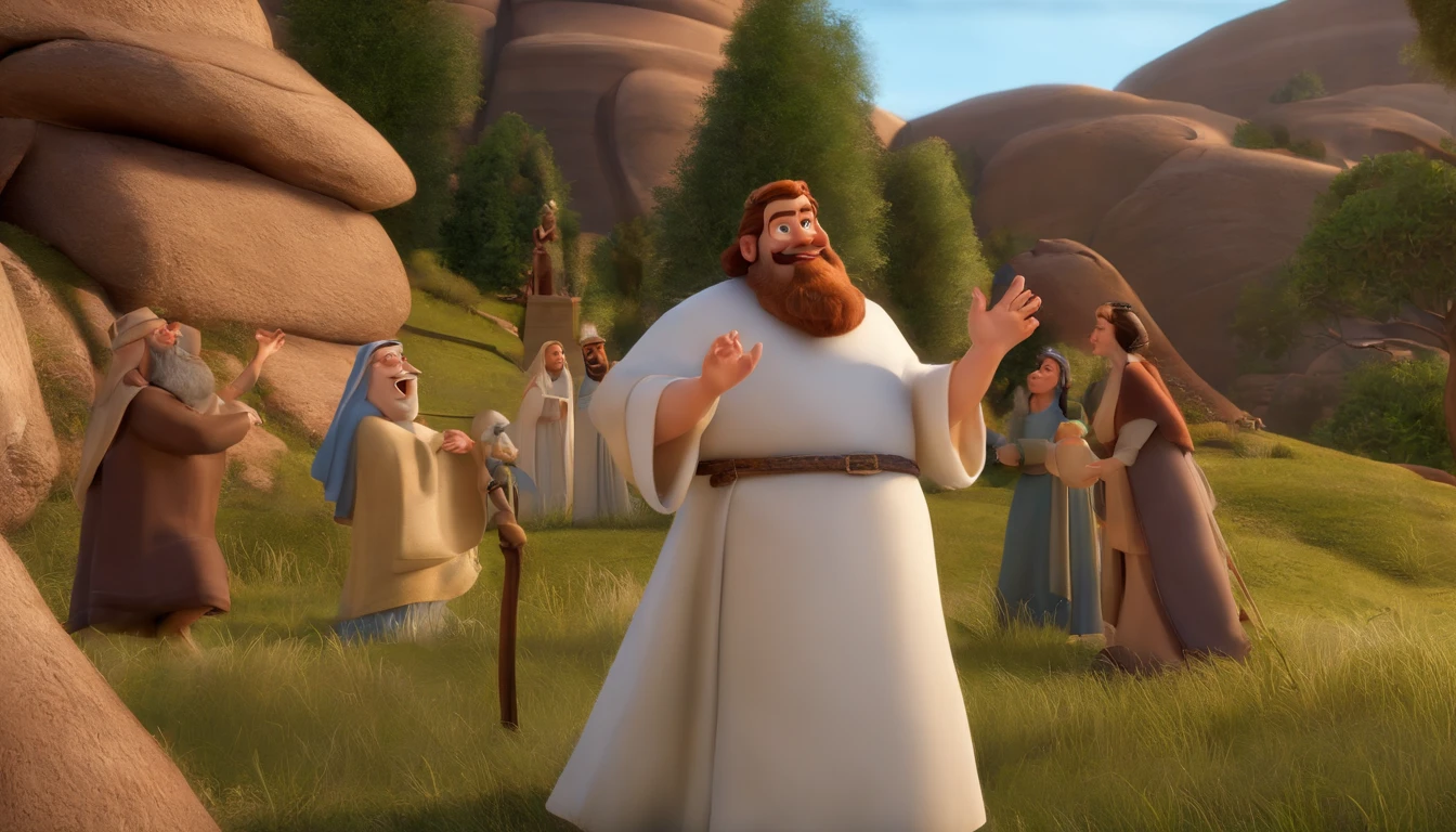 Pixar, talking with 12 apostle of Jesus Christ bible times, all dress up like bible times, fundo branco, barnet, Tom, Estilo Pixar, ..3d, desenhos animados, rosto detalhado, asymmetrical 16k, high quaity, clean, smooth face.