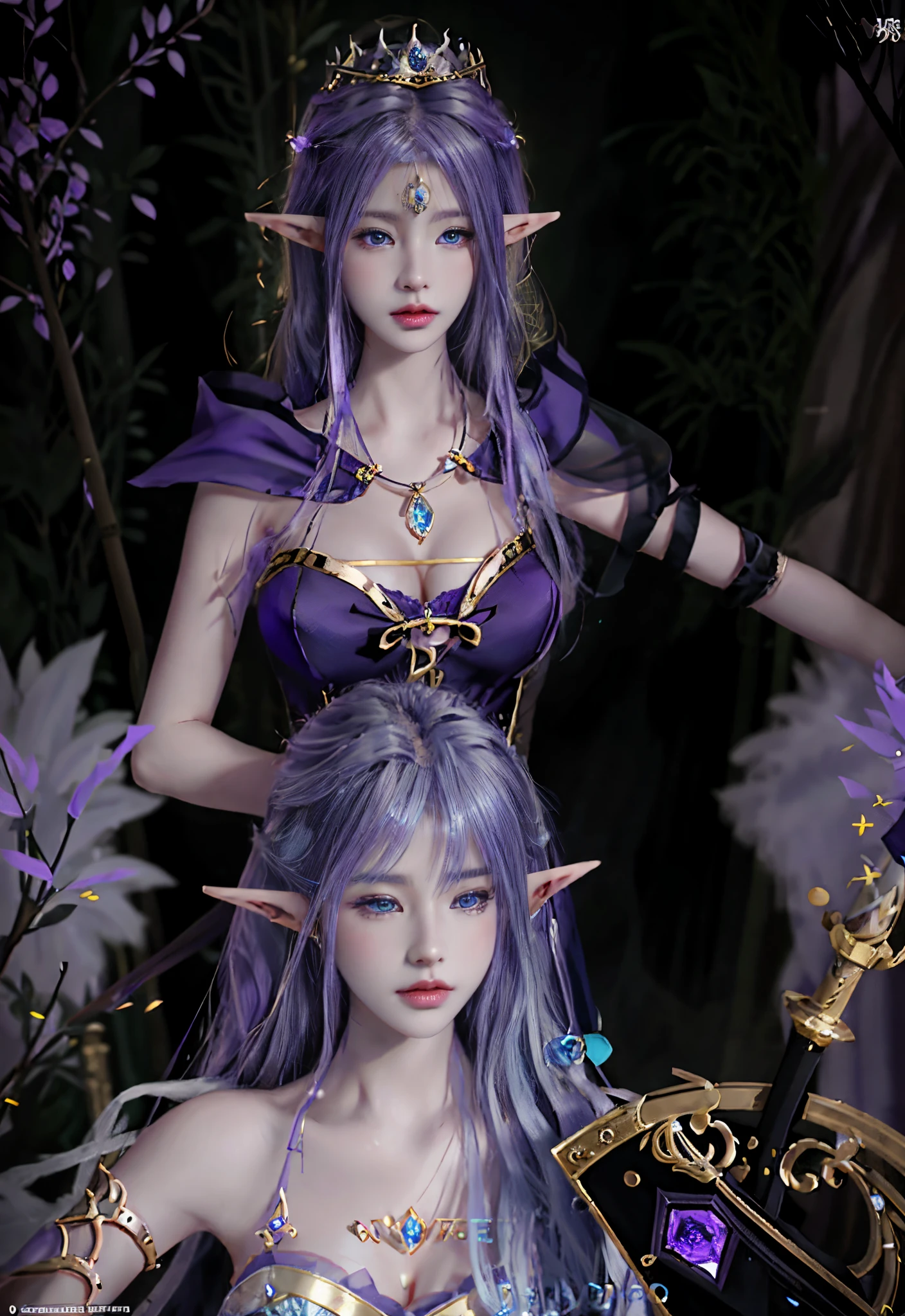 a close up of a woman in a purple dress holding a sword, 4 k detail fantasy, lineage 2 revolution style, shadowbringers cinematic, beautiful and elegant elf queen, wow 4 k detail fantasy, aion, from lineage 2, alluring elf princess knight, portrait of an elf queen, game cg, artgerm ; 3d unreal engine