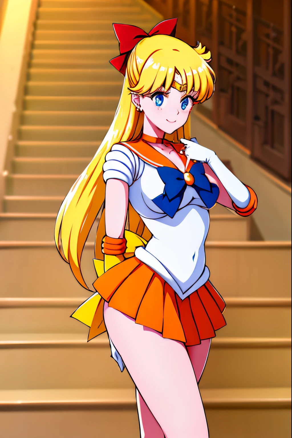 masutepiece, Best Quality, High resolution, venus1, 1 girl, Solo, Warrior Sailor Suit, sailorvenus, aino minako, Blonde hair, magical  girl, Blue eyes, Orange Ultra Mini Skirt, Elbow length gloves, tiarra, Pleated skirt , Hair Bow, Orange Sailor Necklace, Ultra mini skirt, Choker, Red bow, orangechoker, White Gloves, Very long hair, Jewelry, earrings, Climb the stairs, close-up, Smile, Cowboy Shot, Sailor Senshi Uniform, Sailor collar, Pleated skirt, elbow groves, In the back pose, Show me the loot, Backwards, Big loot has no strings, Full body, Rabbit,  Close-up loot, Climb the stairs backwards, Slim Girl, Skinny Girl , big booty.