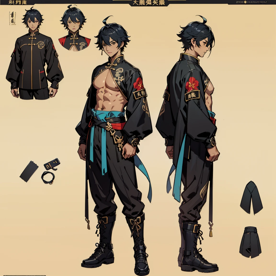 ((character concept art)), ((Character design sheet, same character, front, side)) Video game character design, Rolois, 1 FemBoy, ahoge, Bangs, black skirt, black sweater top, blue nails, closed mouth, long sleeves, (Piece masuter,Best Quality,Ultra-detailed), (Character Sheet:1.2),full - body，1girl，long legs， Shirt，windproof boots，Orange，standing pose，HighestQuali,4k，Chinese girl design, Detailed Genshin graphics，anime character design，anime concept art，pretty anime character design，anime character reference sheet，[Character design]，4k，Detailed, super detaill, SolidBackground, higly detailed, 4k,Dagger Decoration,The same character, absurdress,traditional Chinese clothing,Full of Details, ((Character design sheet,same character,front,side,backboob)),illustartion, big weapon, Cyborg, baggy clothes