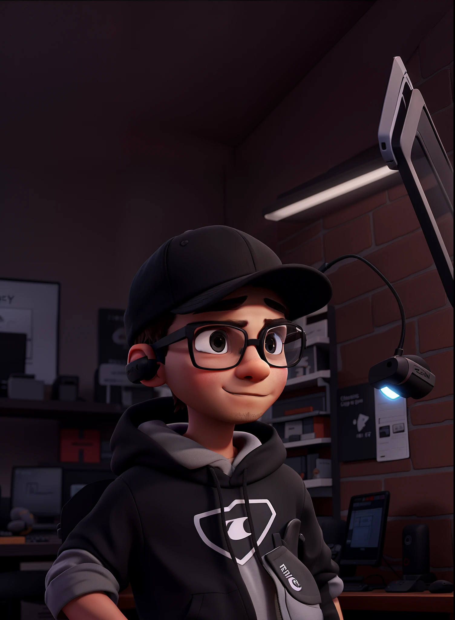 boy, wearing a black cap, thin glasses, a gaming headset