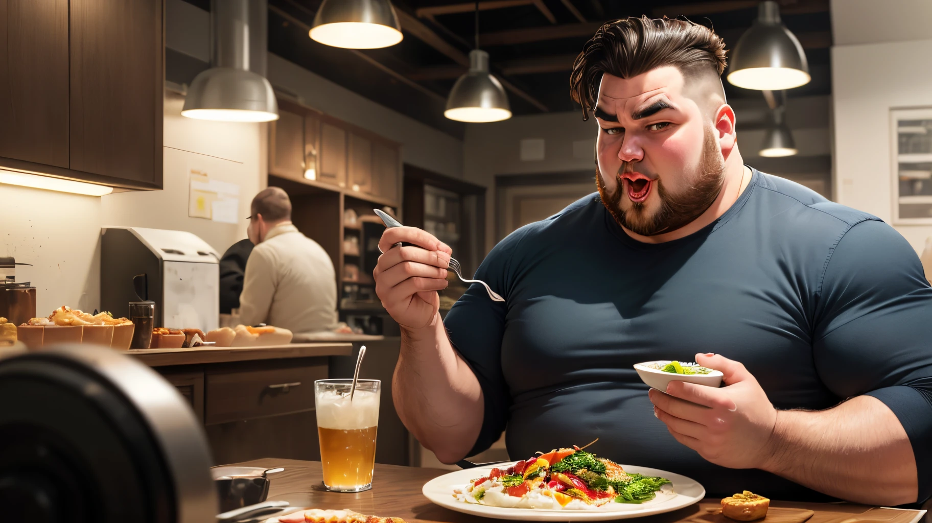 big fat greasy man eating  off a table