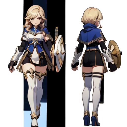 (((Best Quality))) , ((full body)), female, multiple views, (white background), holding weapon, cape, gauntlets, holding shield,