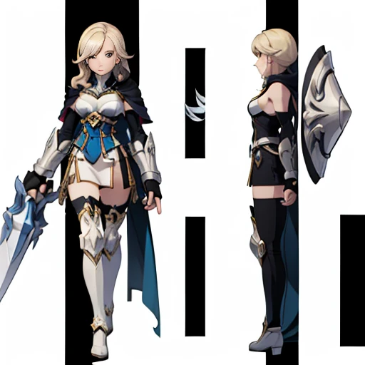 (((Best Quality))) , ((full body)), female, multiple views, (white background), holding weapon, cape, gauntlets, holding shield,