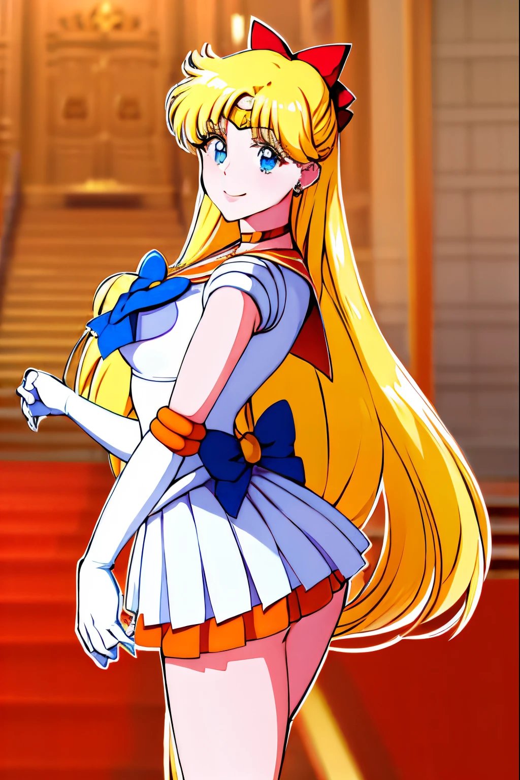 masutepiece, Best Quality, High resolution, venus1, 1 girl, Solo, Warrior Sailor Suit, sailorvenus, aino minako, Blonde hair, magical little girl, Blue eyes, Orange Ultra Mini Skirt, Elbow length gloves, tiarra, Pleated skirt , Hair Bow, Orange Sailor Necklace, Ultra mini skirt, Choker, Red bow, orangechoker, White Gloves, Very long hair, Jewelry, earrings, Climb the stairs, close-up, Smile, Cowboy Shot, Sailor Senshi Uniform, Sailor collar, Pleated skirt, elbow groves, In the back pose, Show me the loot, Backwards, Big loot has no strings, Full body, Rabbit,  Close-up loot, Climb the stairs backwards, Slim Girl, Skinny Girl , big booty.