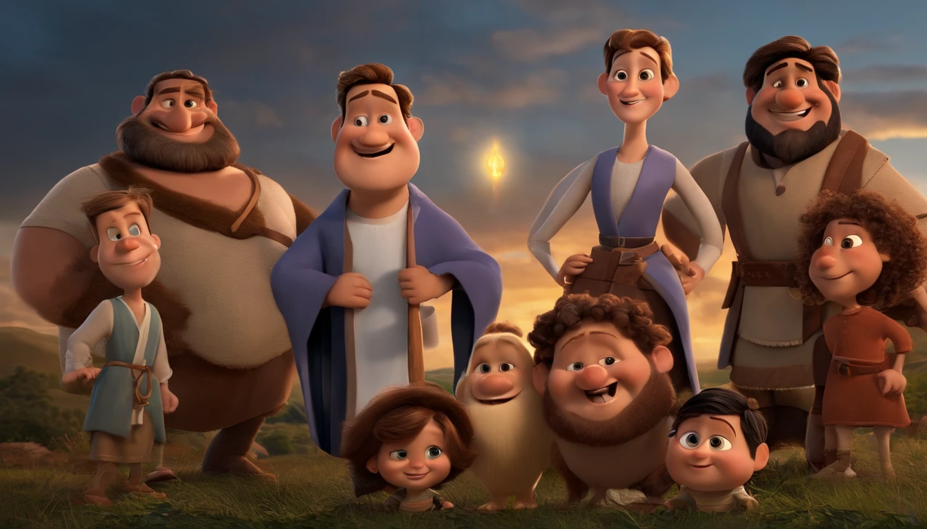 Pixar, talking with 12 apostle of Jesus Christ bible times, all dress up like bible times, fundo branco, barnet, Tom, Estilo Pixar, ..3d, desenhos animados, rosto detalhado, asymmetrical 16k, high quaity, clean, smooth face.