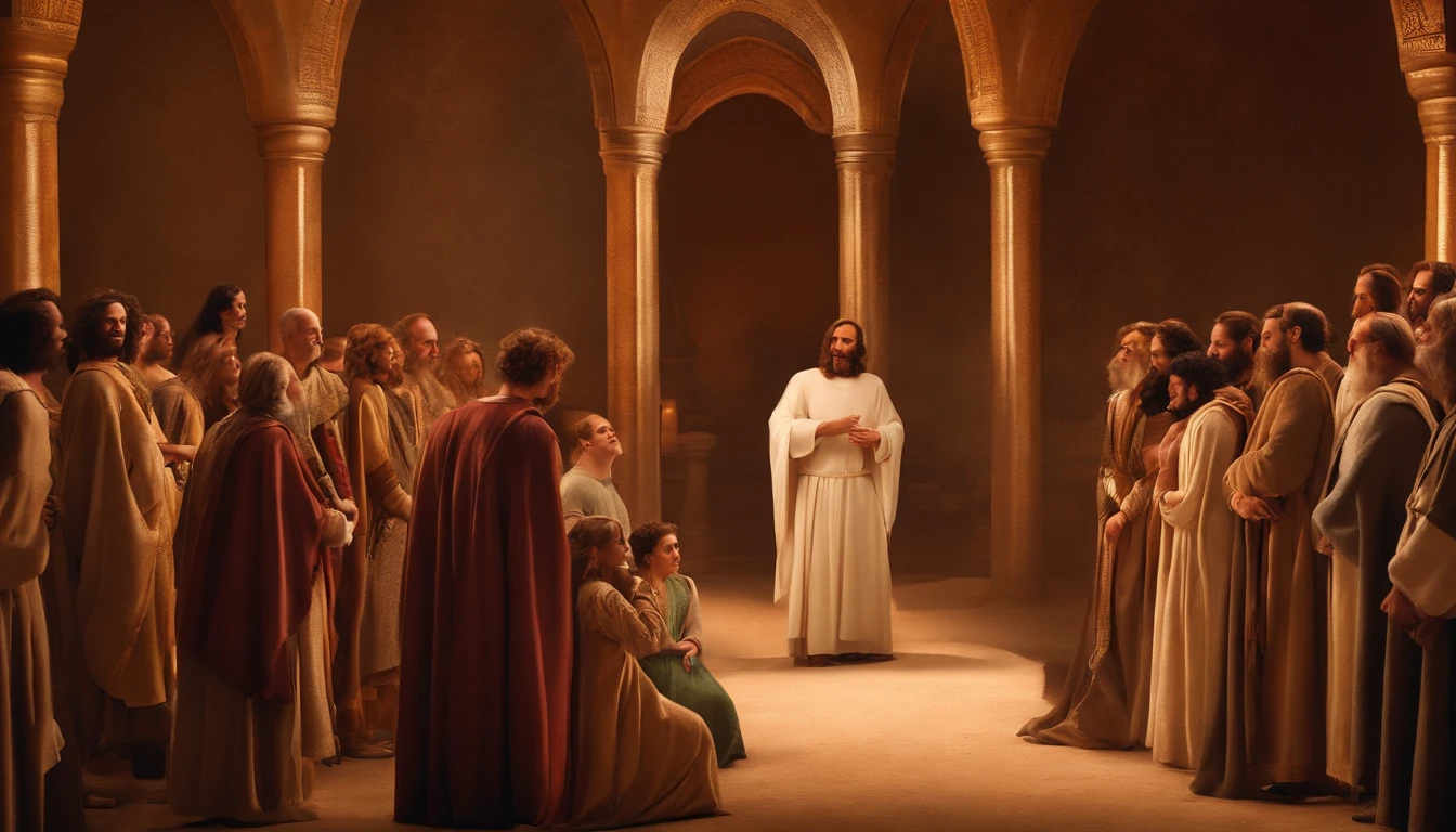 Pixar, talking with 12 apostle of Jesus Christ bible times, all dress up like bible times, fundo branco, barnet, Tom, Estilo Pixar, ..3d, desenhos animados, rosto detalhado, asymmetrical 16k, high quaity, clean, smooth face.